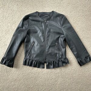 Zara Black Faux Leather Jacket with Ruffle Hem-NWOT